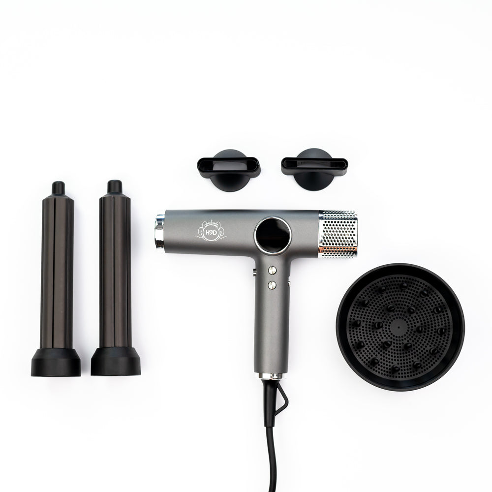 H2D Xtreme Space Grey hair dryer with barrel attachments, diffuser and concentrator nozzles