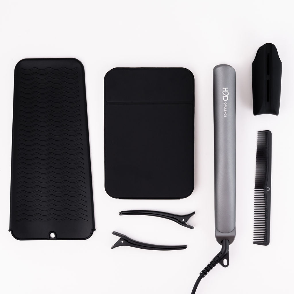 H2D Opulence Space Grey hair straightener with heat mat, travel pouch, sectioning clips and comb