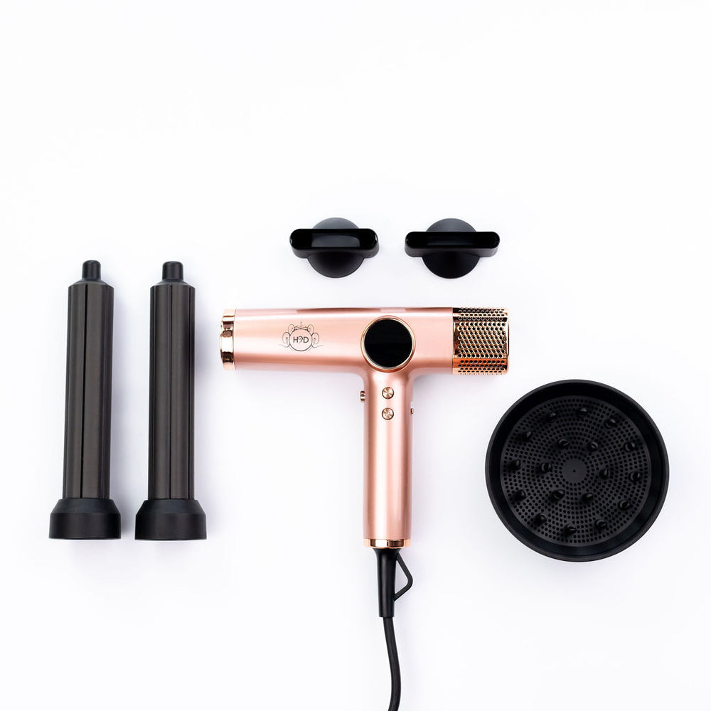 H2D Xtreme Rose Gold hair dryer with barrel attachments, diffuser and concentrator nozzles