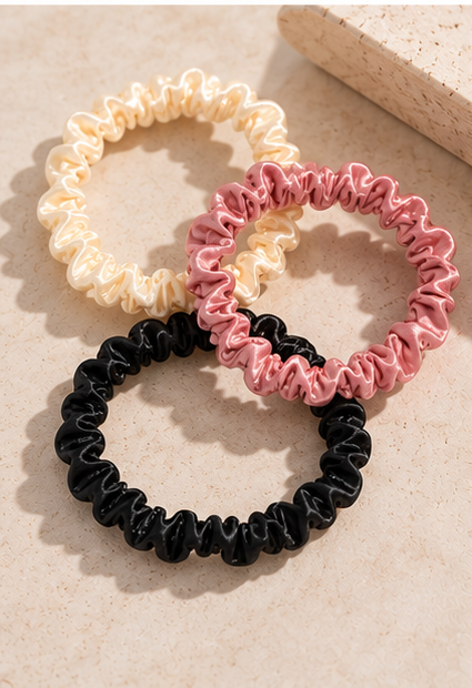 Cream, pink and black satin scrunchies