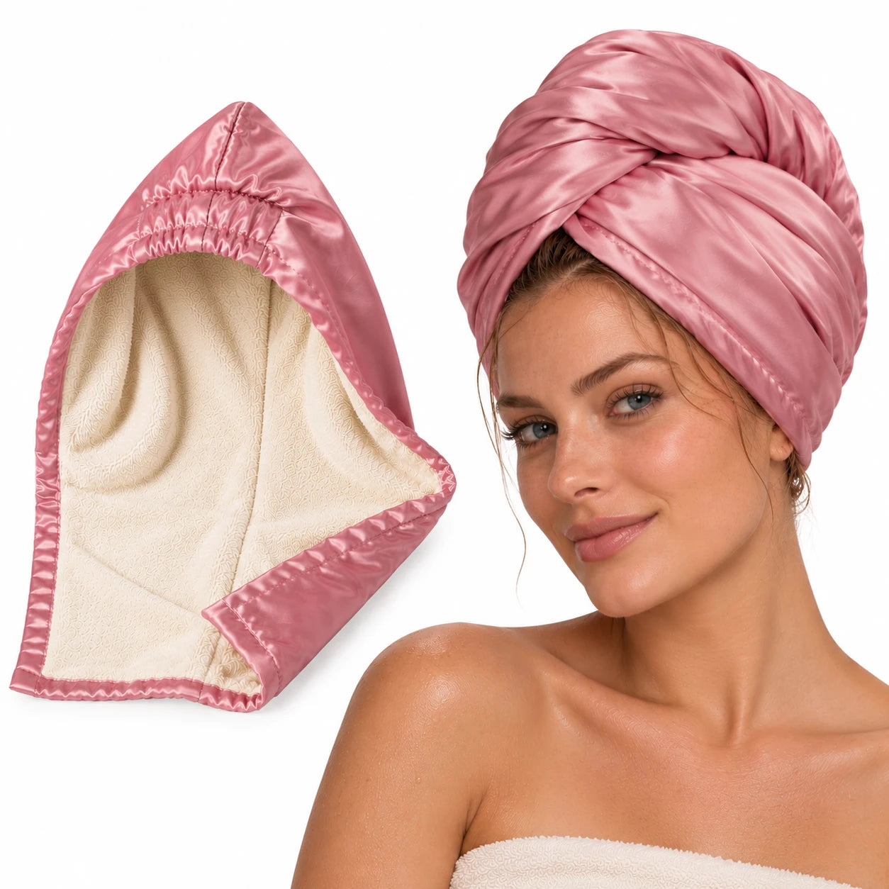 Rose Gold Silk Towel Turban worn, with towelling lining shown