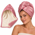Rose Gold Silk Towel Turban worn, with towelling lining shown