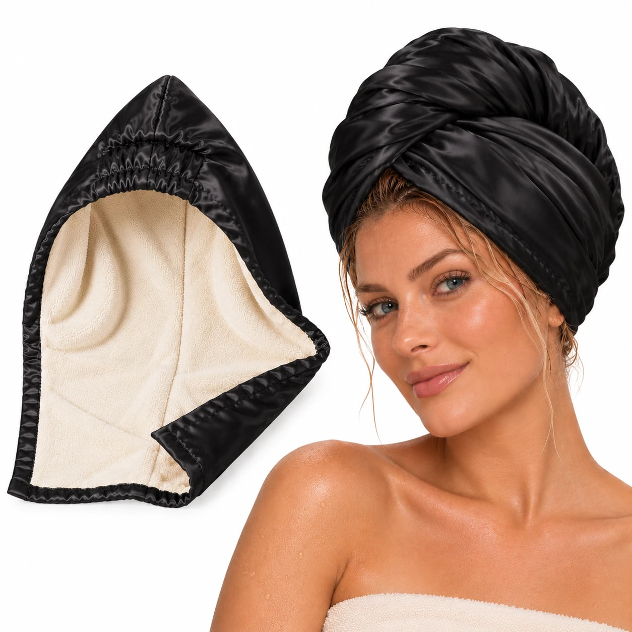 Black Silk Towel Turban worn, with towelling lining shown